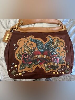 Isabella Fiore Tan & Brown Leather Shoulder Bag with Tattoo Heart Crest
